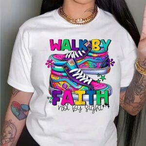 Faith & Footwear:Walk By Faith Letter Sneaker Print Crew Neck T-Shirt for Women